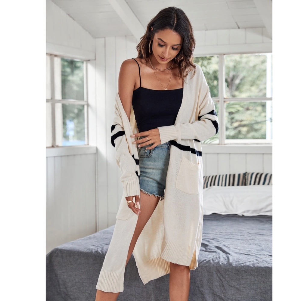 🌵Longline Cream Color Black Stripes Pocket Front Open Cardigan - Picture 6 of 7